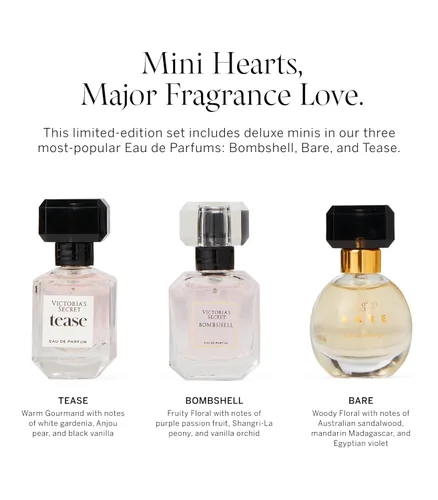 Miniatura 3 de Victoria's Secret Mini trío de fragancias de lujo, conjunto de regalo de Eau de Parfume para mujer, incluye perfumes Bombshell, Bare y Tease