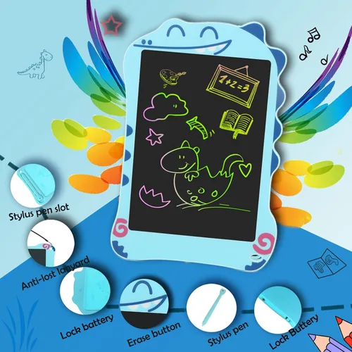 Miniatura 5 de Tableta de escritura LCD con juguetes de dinosaurio para niños, juguetes azules para niños pequeños con tablero de dibujo, juguete educativo