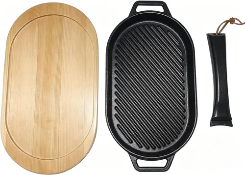 Sartén ovalada de hierro fundido con mango desmontable y tabla de servir de madera, versátil sartén para pizza, verduras, uso en interiores y