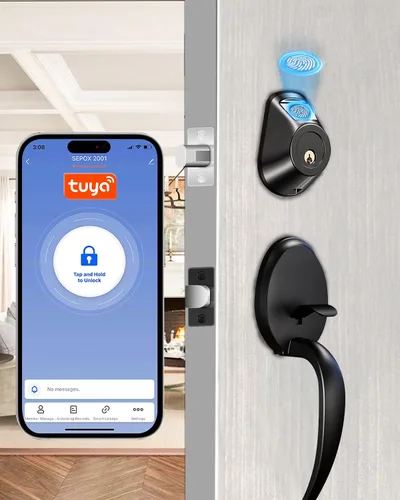 SEPOX Cerradura de cerrojo inteligente 5 en 1 con asa, cerradura de puerta de entrada sin llave con huella digital, control remoto Bluetooth y WiFi
