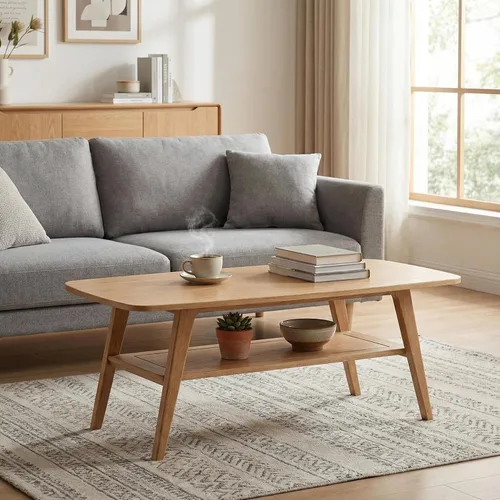 Miniatura 12 de Mesa auxiliar 100% de madera maciza con estante de almacenamiento, mesa central de madera de 2 niveles para sala de estar, mesa rectangular rústica