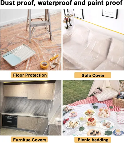 Miniatura 4 de Muf 2 x 65 pies de tela plástica para goteos, lámina de plástico con cinta adhesiva, película de enmascaramiento protectora impermeable, previene
