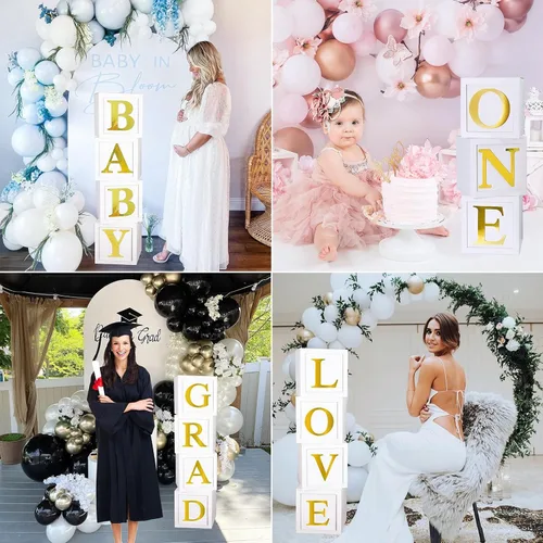 Miniatura 4 de Decoraciones de baby shower, cajas de globos para bebé, bloques con 30 letras para bricolaje niño y niña, primer cumpleaños, oso de peluche, baby