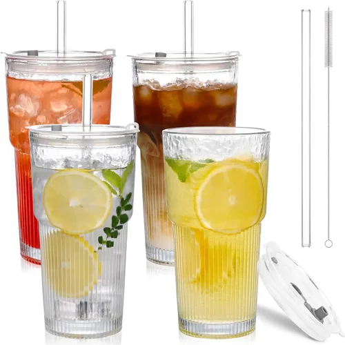 Miniatura 9 de Tazas de vidrio de 20oz con tapas y pitillos, 2 piezas de tazas de vidrio con tapas y pitillos, tazas de café helado con tapa, vasos para jugo