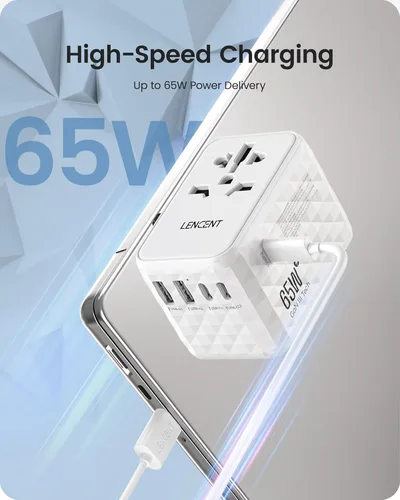 Miniatura 3 de LENCENT Adaptador de viaje internacional de 65 W, adaptador de viaje universal con 2 salidas USB-A y 3 PD tipo C, carga rápida para teléfono, Blanco