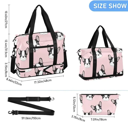 Miniatura 2 de Bolsa de viaje deportiva de bulldog francés para mujeres y hombres, bolsa de gimnasio con compartimento para zapatos, bolsillo húmedo, bolsas