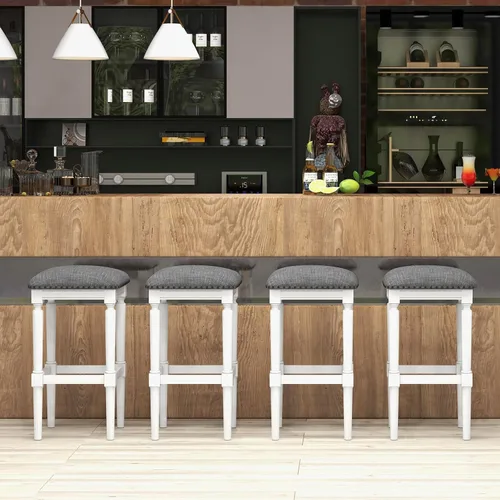Miniatura 9 de COSTWAY Juego de 2 taburetes de bar tapizados, 31"/27"/19", 3 alturas, ajustables, cuadradas, sin espalda, con reposapiés, asientos acolchados
