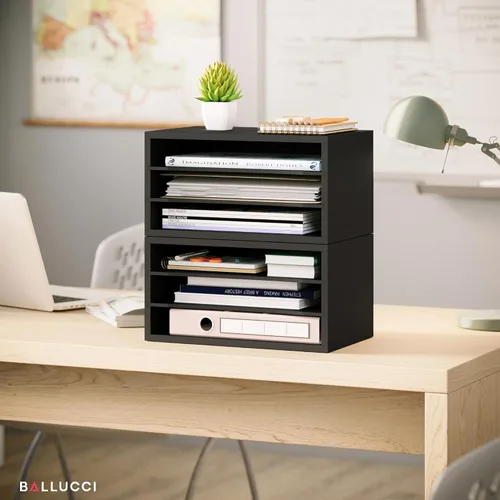 Miniatura 5 de Organizador de papel Ballucci, organizador de escritorio de madera apilable de 3 niveles, organizador de archivos de documentos y clasificador