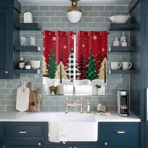 Miniatura 13 de Libaoge Cortinas de Navidad para cocina, dormitorio, juego de 2 paneles, diseño de muñeco de nieve de Navidad, cortinas de invierno con copos