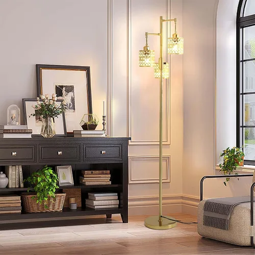 Miniatura 6 de Lámpara de pie industrial, lámpara de pie regulable, lámpara de árbol dorado, lámpara de pie con 3 elegantes pantallas de cristal para sala
