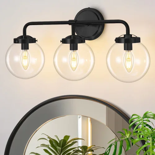Lámparas de Tocador de Baño Negras Sobre Espejo, Aplique de Pared Moderno Negro Mate de 3 Luces con Pantalla de Bola de Vidrio Transparente, Luces