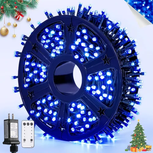 Miniatura 10 de JMEXSUSS 500 luces LED azules de Navidad al aire libre, 173 pies, 8 modos, tira de luces de Navidad, impermeable, luz LED azul para árbol enchufable