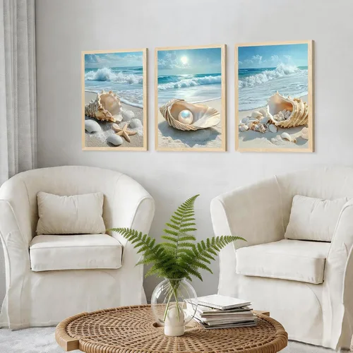 Miniatura 3 de SYWENNOI 3 piezas de arte de pared de playa con marco de madera, juego de 3 impresiones costeras, conchas marinas, estrellas de mar, olas, orilla