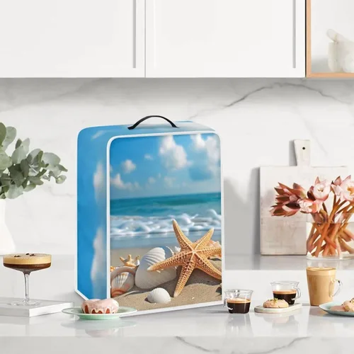 Miniatura 3 de DISNIMO Cubierta para cafetera de concha de mar con estrella de mar de playa, poliéster antihuellas dactilares, a prueba de polvo, resistente a