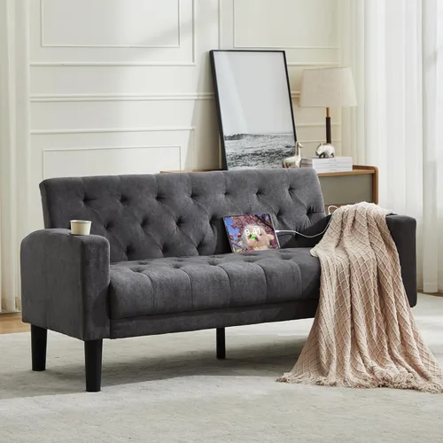 Miniatura 22 de TYBOATLE Sofá loveseat de 62" de ancho con 2 puertos de cargador USB y 2 portavasos, sofá de amor pequeño tapizado de cuero negro estilo moderno