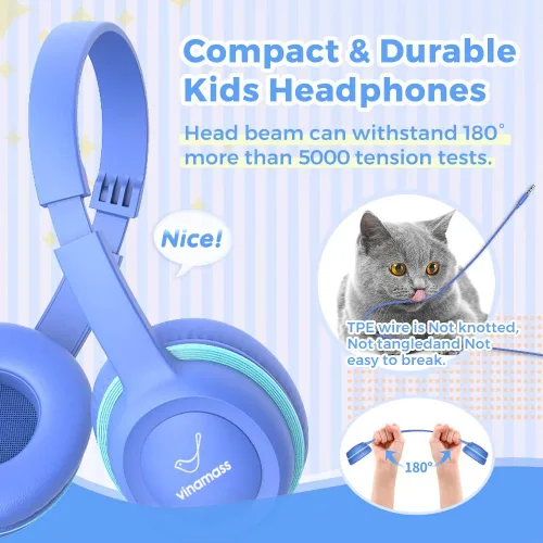 Miniatura 2 de vinamass Auriculares para niños, auriculares con cable para niños con limitador de volumen seguro, auriculares para niños con cable de 0.138 in azul