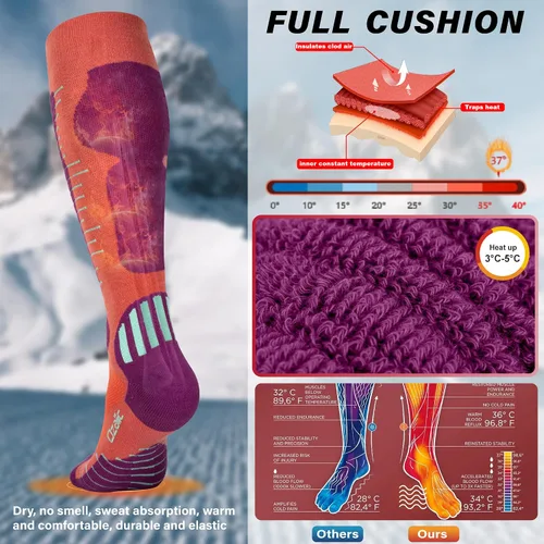 Miniatura 6 de Calcetines de esquí de lana merino para hombre y mujer, 2 pares para esquí, snowboard, térmicos hasta la rodilla, calcetines de rendimiento