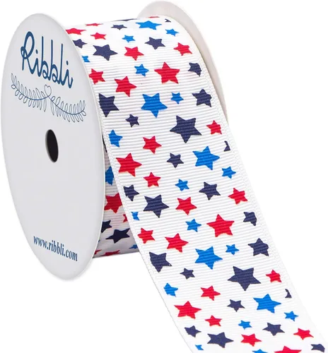 Ribbli Cinta patriótica de estrellas de grogrén, 1-1/2 pulgadas x 10 yardas, blanco/azul marino/azul/rojo, uso para el Día de los Caídos, Día de los