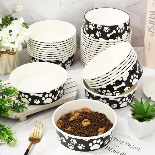 Miniatura 4 de Whaline 50 cuencos desechables para mascotas, cuencos de papel blanco y negro para perros, plato pequeño para perros de 16 onzas, 2 tazas, bandeja