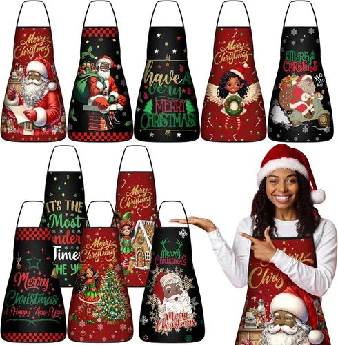 Miniatura 10 de Toulite 10 Piezas Delantal de Navidad Ajustable Delantales de Cocina para Cocinar Delantal BBQ Babero Delantal de Chef Divertido para Mujeres