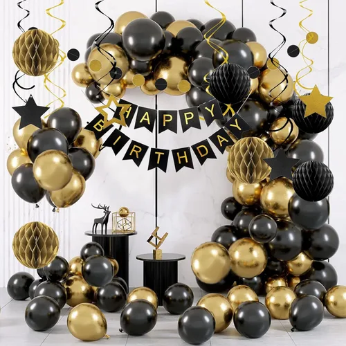 Miniatura 5 de Decoraciones de cumpleaños negras y doradas, pancarta de feliz cumpleaños con estrellas negras y doradas, serpentinas colgantes de espiral, bolas