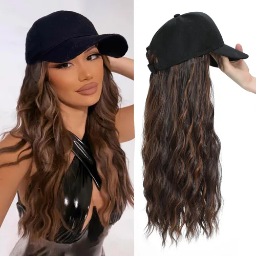Miniatura 14 de Gorra de béisbol con peluca de cabello largo ondulado natural, con gorra, resistente al calor, mezcla sintética marrón rubio, fibras ajustables