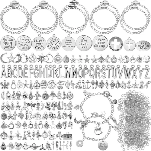 Highergo Juego de 469 pulseras de plata con dijes, juego de pulseras de bricolaje, pulseras de cadena con clip de papel, dijes del alfabeto,