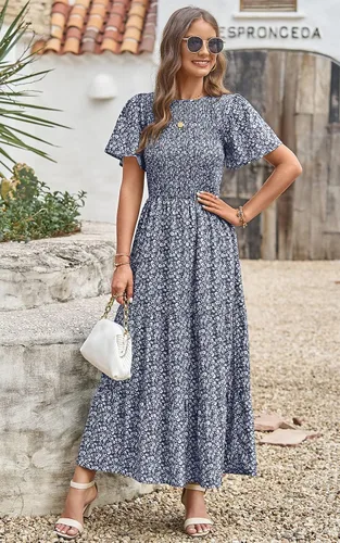 Miniatura 9 de PRETTYGARDEN Vestido largo casual de verano para mujer, de manga corta, bohemio, floral, cuello redondo, fruncido y escalonado