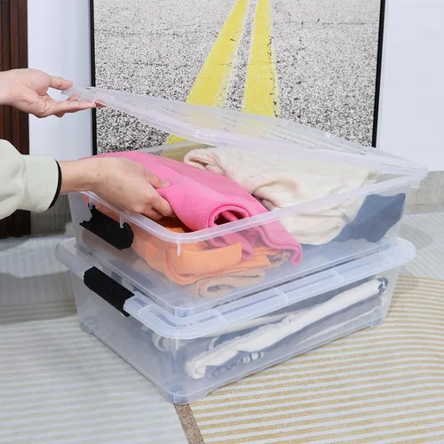 Miniatura 6 de Cajas de almacenamiento de plástico de 25 cuartos de galón debajo de la cama, contenedor de almacenamiento con ruedas, paquete de 3, transparente