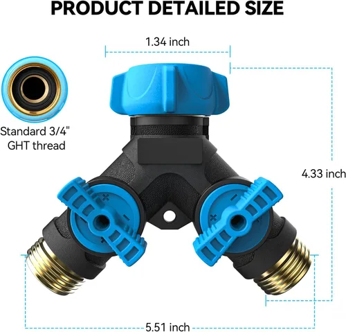 Miniatura 2 de Relhost Divisor de manguera de 2 vías resistente, divisor de manguera de jardín con válvulas de cierre duales, conector de manguera de agua de 3/4