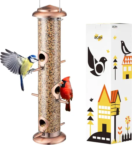 iBorn Comedero de metal para pájaros de cobre cepillado, comedero para pájaros silvestres para colgar al aire libre, acabado de cobre cepillado de