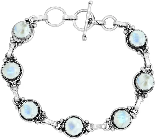 Miniatura 49 de Round Shape Natural & Synthetic Gemstones Silver Plated Bracelets for Women - Vintage Bohemian Style Handmade Birthstone Adjustable Link Bracelet