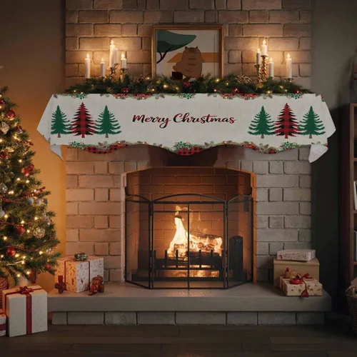 Miniatura 4 de Bufanda para chimenea con árbol de Navidad, 90 x 17 pulgadas, guirnalda de Navidad a cuadros rojos, cubierta de mantel de lino vintage, protector