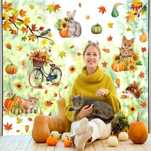 Miniatura 2 de 68 calcomanías de otoño para ventana, de doble cara, hojas de arce de otoño, calabaza, calcomanías para ventana, calcomanías para el hogar, oficina
