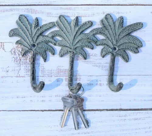Miniatura 8 de Ebros Gift Paquete de 2 figuras de hierro fundido Verdigris Tropical Paradise Beach, 3 palmeras de coco, 3 clavijas, ganchos de pared triples