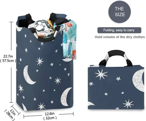 Miniatura 5 de senya Cesta de lavandería grande para compras, bolsa de ropa plegable de tela, cesta de lavandería plegable (luna, estrellas, nubes, cielo)