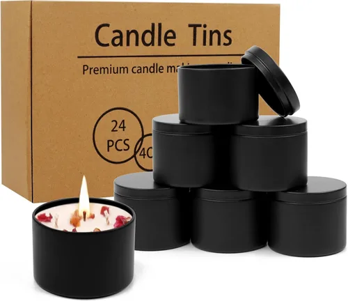 DINGPAI 24 latas de velas negras, lata vacía negra de 4 onzas con tapas para hacer velas de bricolaje, tarros de velas negras mate para hacer velas,
