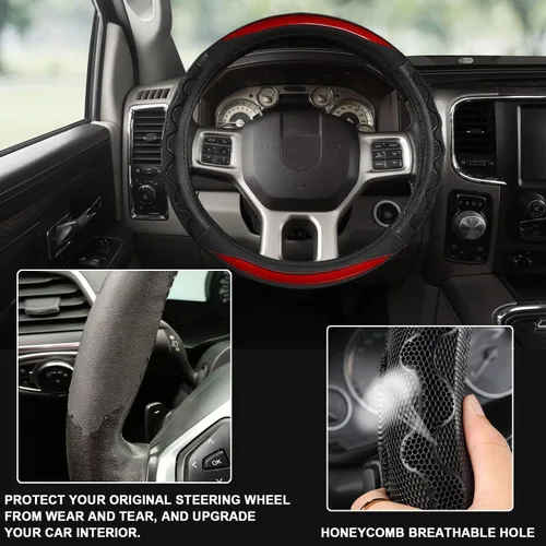 Miniatura 4 de GIANT PANDA Funda de volante para Dodge Ram 1500 - Fundas para volante de automóvil para Dodge Ram 2500 3500 15.5-16 pulgadas - Rojo B-negro+rojo