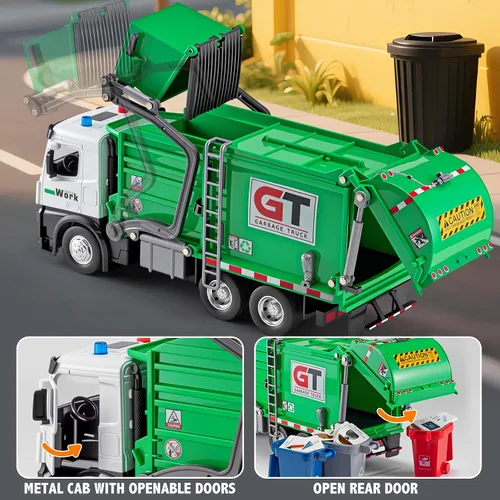 Miniatura 3 de HAPYAD Camiones de basura de juguete con cabina de metal, juguetes realistas de camiones de basura para niños con luces y sonidos, vehículos