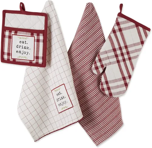 DII Home Sweet Farmhouse Kitchen Collection, manoplas de horno, juego de toallas de cocina, color rojo granero, 4 unidades