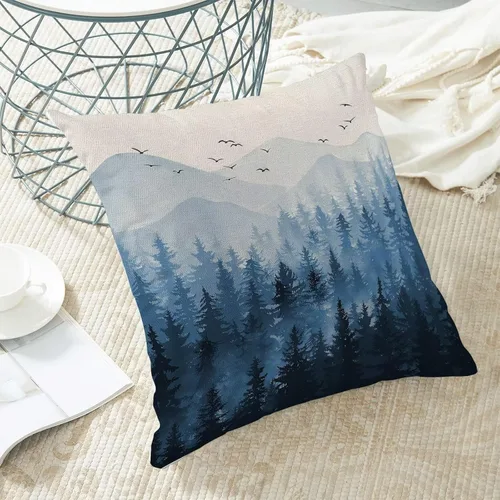Miniatura 5 de Fundas de Almohada Navideñas 16 x 16 Pulgadas Juego de 2 Azul Marino Blanco Bosque Brumoso Fundas de Cojines Decorativos Exterior Casa Rural Lino