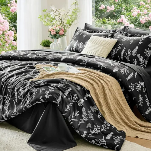 Miniatura 49 de MUXHOMO Juego de edredón tamaño individual XL, elegante juego de cama con estampado floral en una bolsa, 5 piezas, ultra suave y transpirable
