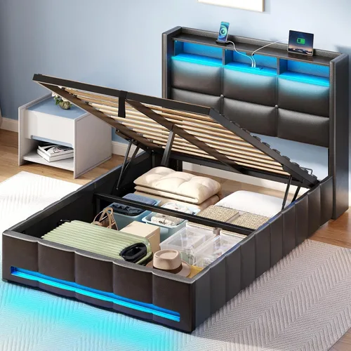 Miniatura 12 de Rolanstar Marco de cama tamaño completo con almacenamiento elevable, estación de carga y luces LED, cabecera tapizada con almacenamiento, listones