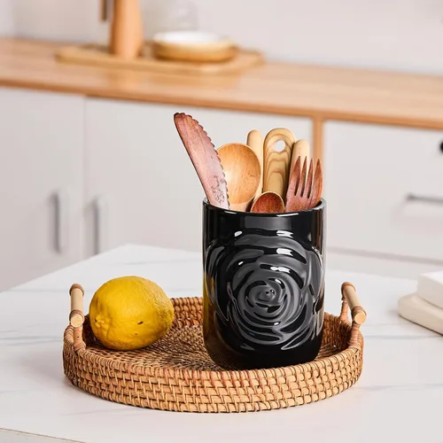Miniatura 5 de Juego de 2 Portautensilios Grandes, 7.5" + 5.5" - Recipiente de Cerámica con Diseño de Rosas para Utensilios de Cocina de Encimera para Espátulas