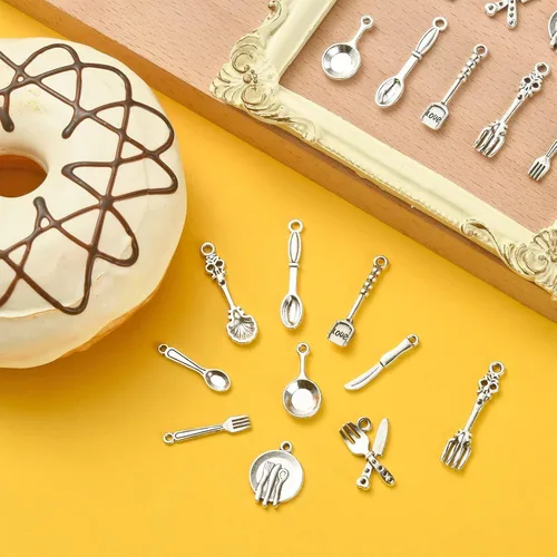 Miniatura 4 de Ipotkitt 100 dijes de vajilla de estilo vintage, cuchara, cuchillo, tenedor, dijes antiguos de cocina para manualidades, joyería, accesorios