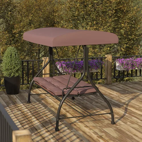 Miniatura 3 de BizChair Hamaca de toldo de columpio de patio de conversión de acero al aire libre de 3 asientos con cojines/cama de columpio al aire libre (marrón)