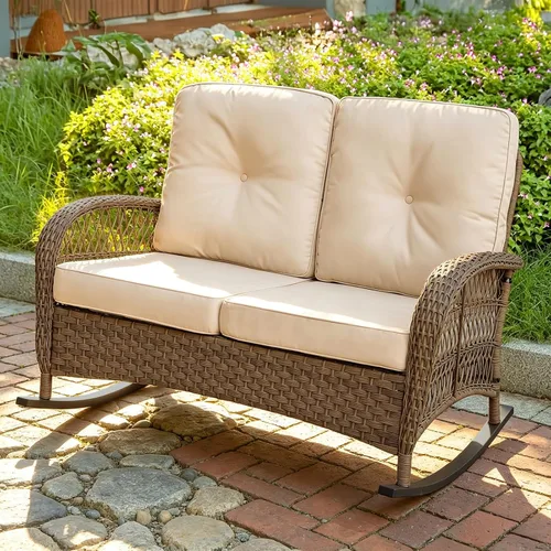 Miniatura 15 de MEETWARM Mecedora de mimbre para exteriores, sillas mecedoras de ratán para patio con cojines y respaldo alto, silla de mimbre para patio para todo