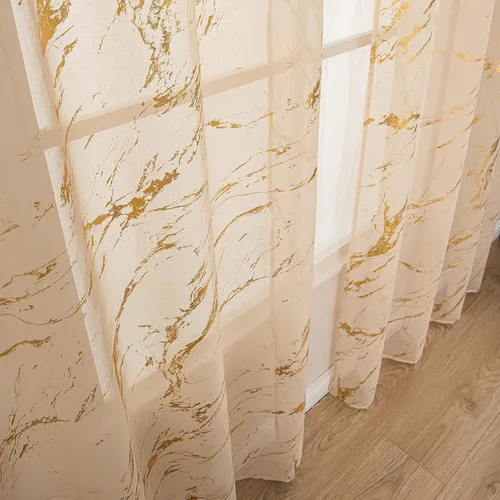 Miniatura 4 de Cortinas Transparentes Beige con Estampado de Lámina de Mármol Dorado de 63 Pulgadas de Largo para Cuarto de Bebé, Paneles de Ventana con Bolsillo