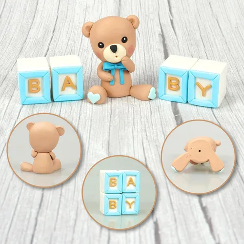 Miniatura 3 de Decoración para tartas de oso, decoración de pastel de oso con letras azules, esferas doradas y azules y blancas de perlas para suministros