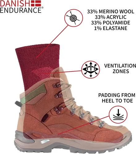 Miniatura 8 de DANISH ENDURANCE Calcetines de senderismo, calcetines de lana merino antiampollas, calcetines acolchados que absorben la humedad para hombres